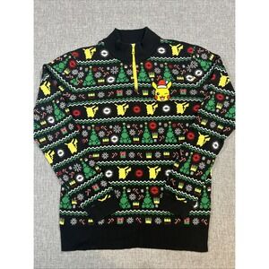 Pokemon Pikachu Sweater L Christmas All Over Print 2019 1/4 Zip Pullover Ugly